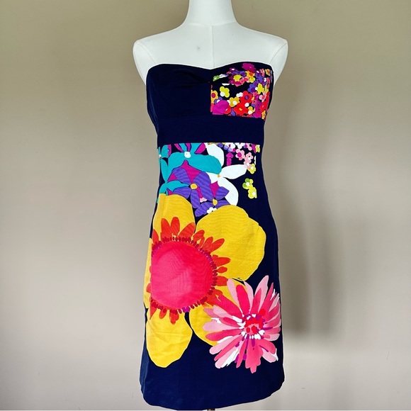 Trina Turk Navy Blue Floral Strapless Dress Women 4 Y2K Flower Hippie Fun Bold - Picture 3 of 9